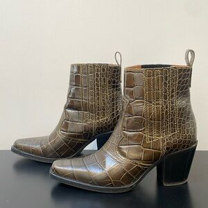 GANNI Womens 39 (8) Callie Croc Cowboy ankle Boots Kalamata dark green western